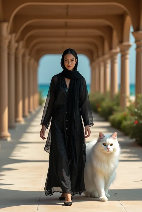 Woman is smiling slightly wearing long black Pakistani shirt wearing black hijab shimmer standing walking with a giant size white persian cat the same height as female , white cat  , cat walking position  , Cat and girl parallel stand staring at camera wal...