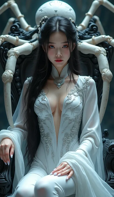 A majestic Chinese woman with long, flowing black and white hair, piercing icy blue eyes, and a sleek white bodysuit adorned with intricate silver embellishments sits regally on a dark, intricately carved throne. Behind her, a colossal white spider looms w...