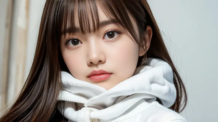   White bed on the back   、super warm white down coat 1  .3、  black knitted turtleneck inner 1.3、Office District,( with very big breasts ),   Japanese woman with a viewing angle of,  well-balanced face  ,  detail face  , brown hair,  Thin Waist,beautiful l...