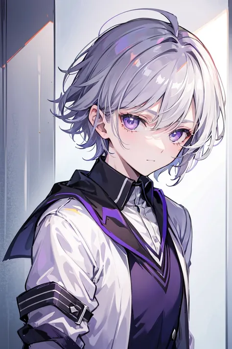 Young boy, grey white short hair, purple eyes, modern style, not smile face, jealous face, school uniform, handsome man, tall man, cool boy, bad boy, background school, close up