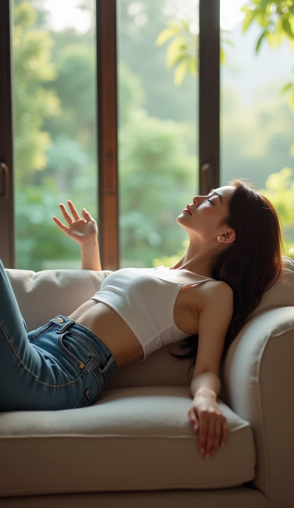 close-up shot ,A trendy young Thai woman in high-waisted jeans and a crop top leans back as if falling slowly onto a plush sofa in a modern living room. Her arms are outstretched, and her expression is relaxed, with the camera capturing the softness of the...