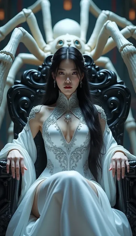 A majestic Chinese woman with long, flowing black and white hair, piercing icy blue eyes, and a sleek white bodysuit adorned with intricate silver embellishments sits regally on a dark, intricately carved throne. Behind her, a colossal white spider looms w...