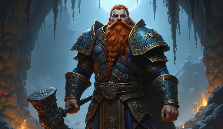 Create a highly detailed image of Thorne Ironfist, a dwarven warrior with a thick, braided copper-colored beard and piercing blue eyes. He should be clad in intricately forged armor adorned with ancient runes, reflecting a dark, battle-worn aesthetic. Thor...