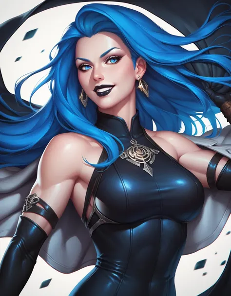 female black sleeveless bodysuit, bare shoulders, racerback, long gloves, toned arms, wearing coat, beautiful faces, black lips, blue hair, long hair, earrings, soft smooth skin, pale skin, black background, blue eyes, sci-fi, evil grin, assassin