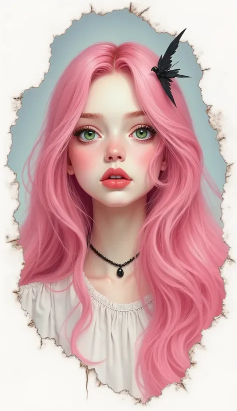 Create an image of a single girl with long, flowing pink hair, styled in a minimalistic yet hyperrealistic manner. Her green eyes gaze directly at the viewer, exuding a sense of intrigue and connection. Her lips are slightly parted, accentuated with subtle...