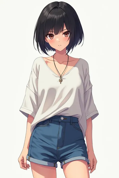 Anime girl with boy cut hair and wearing denim short and long large v neck shirt