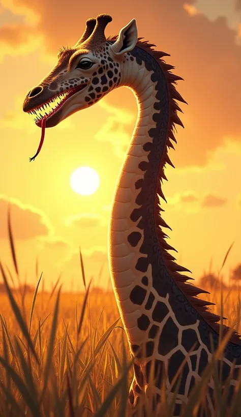 Illustrate a Giraffe fused with a Cobra, with a long, flexible neck that expands into a cobra-like hood. Its spots resemble scales, and venom drips from its fangs. The setting is a savanna with tall grass swaying in the golden light of a sunset."