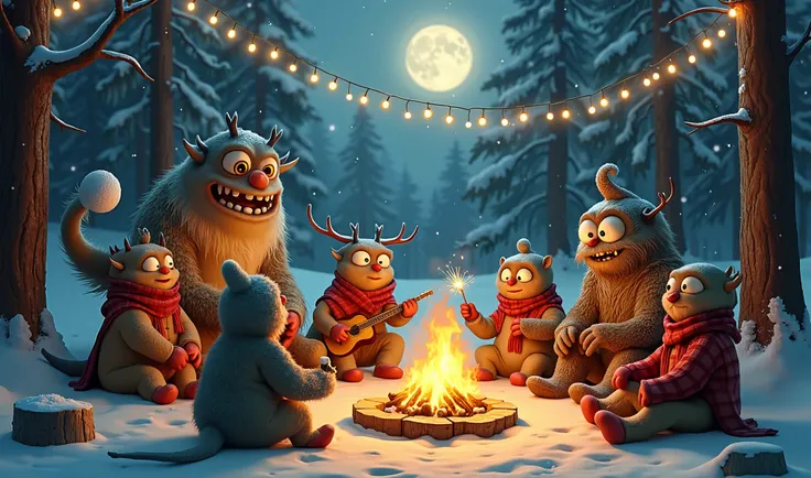 A cozy yet hilariously quirky winter bonfire party deep in a snowy forest. The scene is illuminated by warm string lights draped between tall pine trees, with snow softly glistening under the light of a full moon. Around the roaring campfire, bundled-up hu...