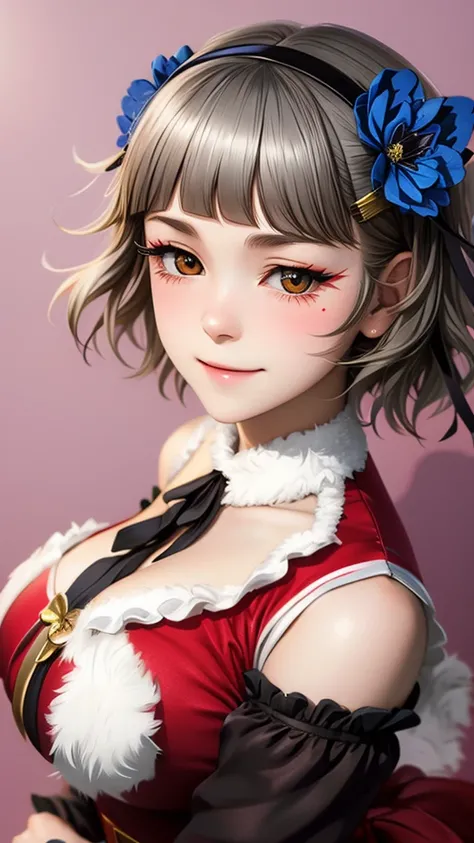 (((solo))), 1 woman, Sakuya Kurobane, sakuyaunif, kurobane_sakuya, (brown eyes), short hair, grey hair, black hairband, blue hair flower, red eyeliner, chest, blush, smile, (upper body), santa claus