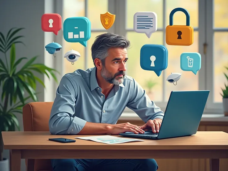  a man sitting at a table analyzing man sitting at a table analyzing some data, in the background of the image some privacy icons , Use characters with fun clip art
