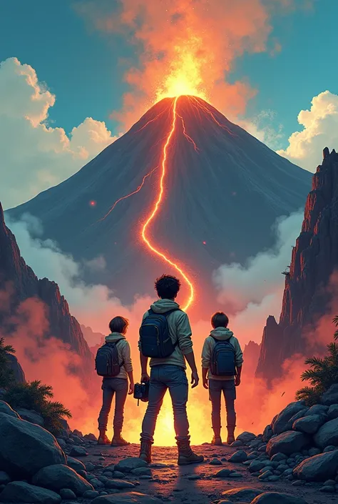  I want to create a comic cover with the title Secrets of Crater : Aventure in the volcano heart .  and that three young people appear in front of the volcano and one with a camera 