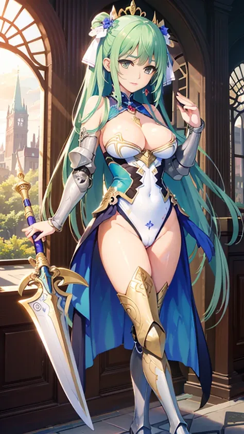  Masterpiece  、8k、 high image quality、 Maximum resolution 、Illustration、Beauty、1 person、    top quality、   detailed face    、whole body、 green hair、 Female Knight、   perfect figure at the coffee house 、Big Breasts、  hair ornament、  Nipples Erected  、 gold ...