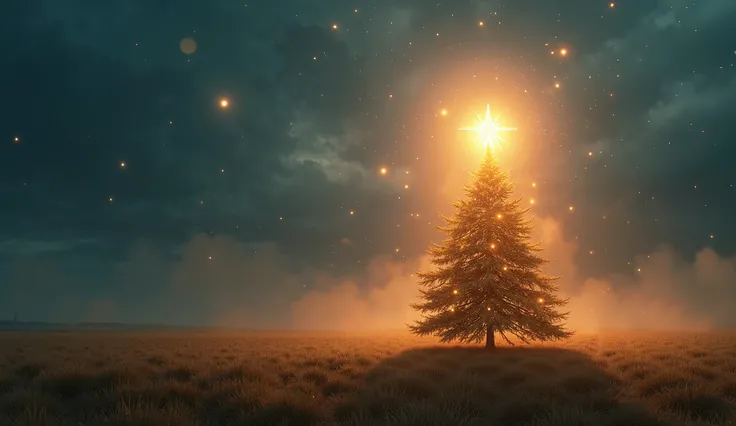 a lone and beautiful star shines brightly over a christmas tree in a open field epic, photorealistic, surreal