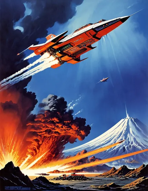 Volcanic Eruption, Science fiction illustrations, Retro-future art. Sci-fi illustrations by Shigeru Komatsuzaki, Detailed Volcanic, Impressive retro-future fighter, The box art is so powerful you can almost smell the smoke and oil in the air. Package art, ...