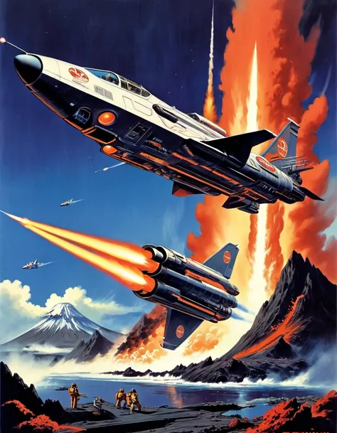 Volcanic Eruption, Science fiction illustrations, Retro-future art. Sci-fi illustrations by Shigeru Komatsuzaki, Detailed Volcanic, Impressive retro-future fighter, The box art is so powerful you can almost smell the smoke and oil in the air. Package art, ...