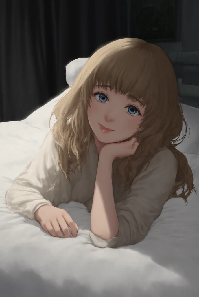  blonde blue eyed girl in white pajamas lying face down on a bed looking at the viewer.