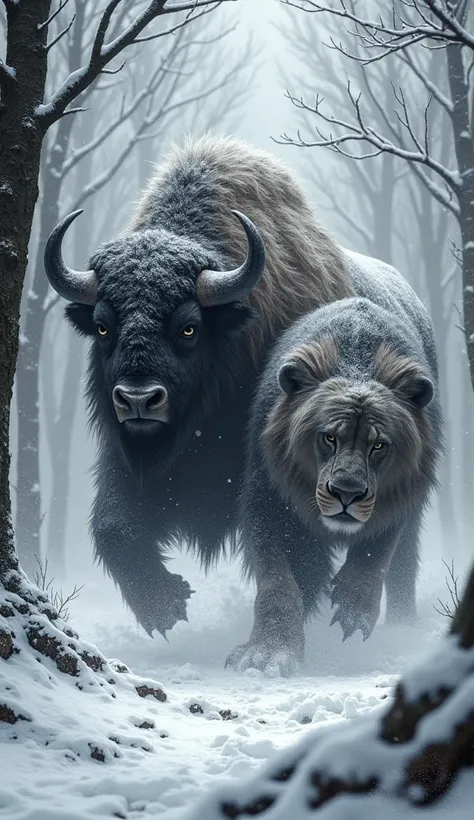 A monstrous Bison and A monstrous Lion fight scenes and stands in a snowy forest, its black and white fur partially covered in ice
