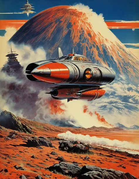 Volcanic Eruption, Science fiction illustrations, Retro-future art. Sci-fi illustrations by Shigeru Komatsuzaki, Detailed Volcanic, Impressive retro-future fighter, The box art is so powerful you can almost smell the smoke and oil in the air. Package art, ...