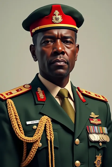 Chief of Staff of Burkina Faso.  The chief of staff wears a formal military uniform with insignia and medals. The facial expression is resolute ,  with an aura of authority and control .
