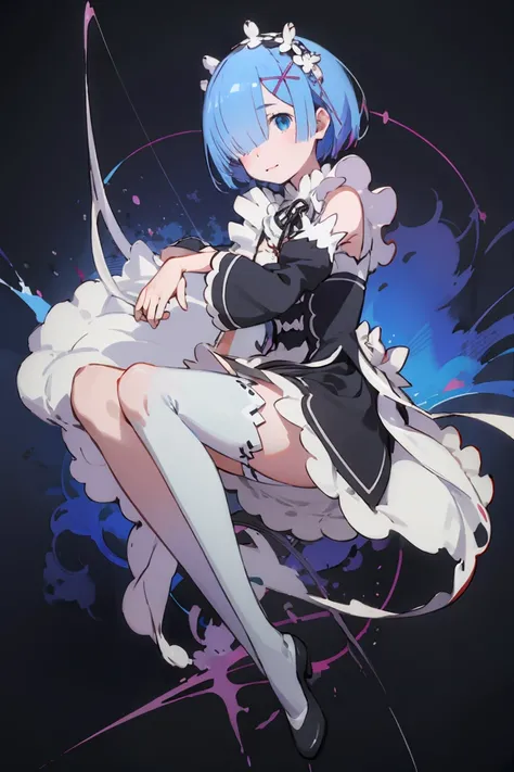 phRem，full body shot,maid,short bob hairstyle,blue hair,mansion,blue eyes,pink ornament,left side of head,maid clothes,white stockings,white brim,slight smile on face, anatomical correct,solo