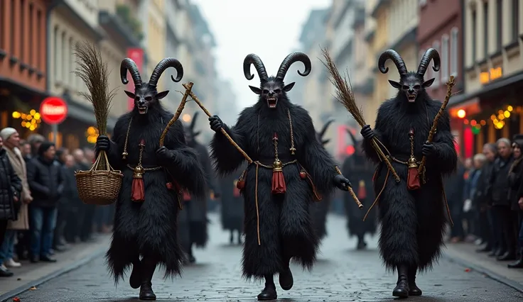 People in a parade wearing Krampus costumes 