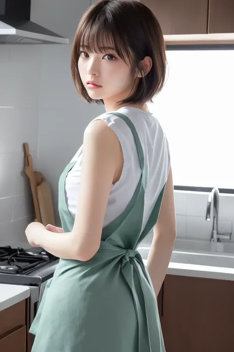 masterpiece,  top quality,  one woman, (Moss Green、 apron:1.2), Age 25、(RAW 写真 top quality), (reality, reality的:1.4),  sexy、iris、 very detailed eyes and face,  Beautiful Detailed Nose , beautiful eyes,  perfect anatomy 、 short hair to be shouldered、bangs、 ...