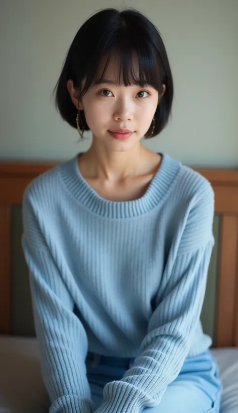    Japanese Female　23 years old　1 person　Kyoto　Kamogawa 　  sitting　1 personで sitting　 staring at me 　   perfect body　F cup bust　   blue casual wear  　knit　  Earrings　 Short Hair　 shortcuts　   perfect body　  Head on  　
 Genuine　   anatomically accurate, mas...