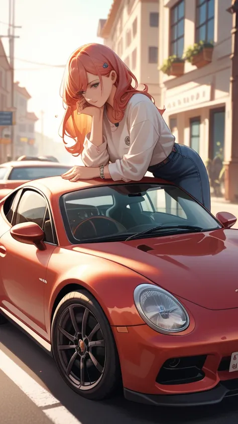 Porsche 911 car in Padoc circuit with long-haired pilot girl