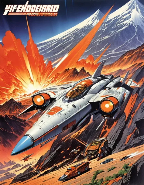 Volcanic Eruption, Science fiction illustrations, Retro-future art. Sci-fi illustrations by Shigeru Komatsuzaki, Detailed Volcanic, Impressive retro-future fighter, Package art, Box art, like Thunderbirds, Picture story, Shigeru Komatsuzaki art