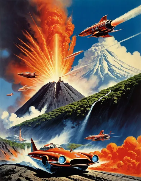 Volcanic Eruption, Science fiction illustrations, Retro-future art. Sci-fi illustrations by Shigeru Komatsuzaki, Detailed Volcanic, Impressive retro-future fighter, Package art, Box art, like Thunderbirds, Picture story, Shigeru Komatsuzaki art