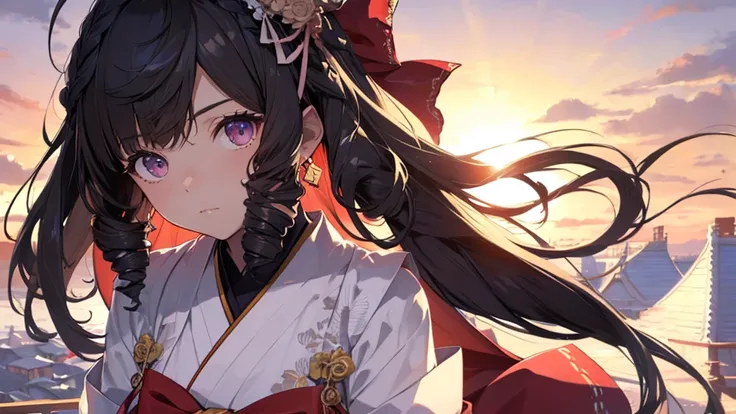 Solo, girl, (human ears, earrings), ((flat chest, short stature)), (black hair), (kneeling with arms behind head), (calm face, hair accessories), ( Red and white shrine maiden clothes), (Sunset Sky, Sunset, Sunset Sky), (Chest Focus, Dynamic Angle), (Hi-Re...