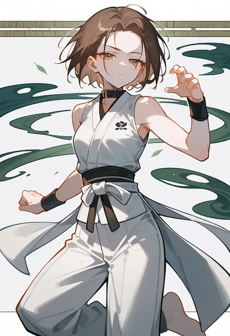 Single girl, adult woman, highly detailed, intricate details, short boyish hair, orange-brown hair, white sleeveless gi, black waist belt, half-closed eyes, frowning, tatami mats in background, white martial arts pants, standing kata stance, barefoot, toes...