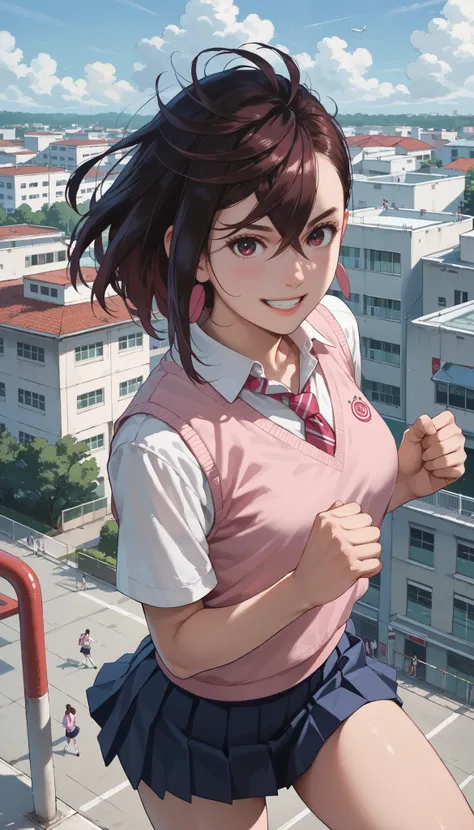 Momose Momo  , indoor, smile, school uniform, pink vest,rooftop, punch