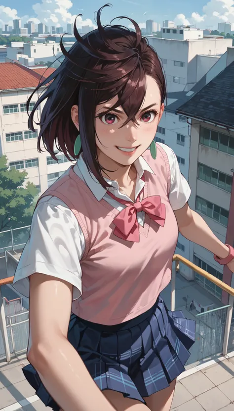 Momose Momo  , indoor, smile, school uniform, pink vest,rooftop, punch