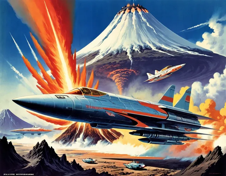 Volcanic Eruption, Science fiction illustrations, Retro-future art. Sci-fi illustrations by Shigeru Komatsuzaki, Volcanic, Impressive retro-future fighter, Package art, like Thunderbirds, Picture story, Shigeru Komatsuzaki art