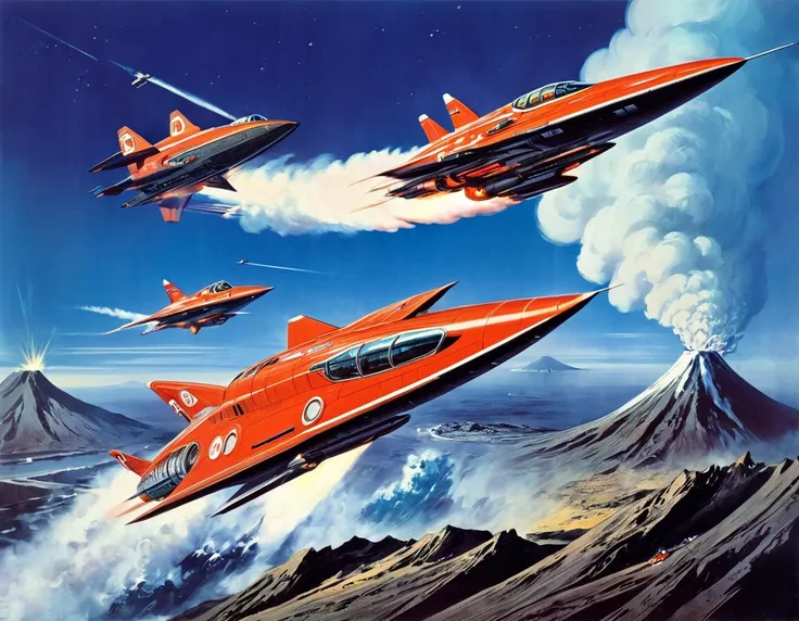 Volcanic Eruption, Science fiction illustrations, Retro-future art. Sci-fi illustrations by Shigeru Komatsuzaki, Volcanic, Impressive retro-future fighter, Package art, like Thunderbirds, Picture story, Shigeru Komatsuzaki art