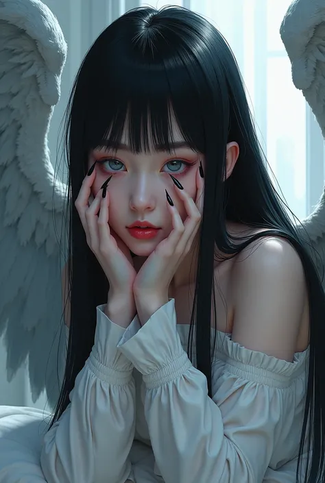  A digital illustration in the vibrant and striking style , como a  artwork in the style of Guweiz, cgsociety 9,  shaped nails of a girl with long and straight black hair , with bangs,  looking to the side .  She has her hand on her face ,  showing long st...