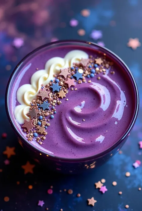 Smoothie bowl color look like galaxy, cream on top, many stars and glitter on top