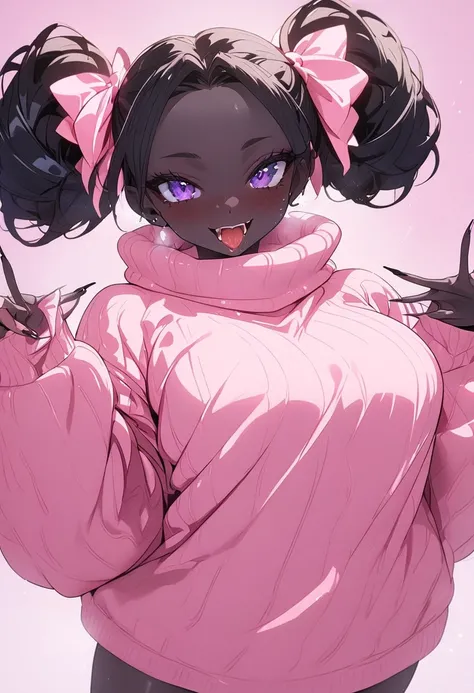 beautiful, (masterpiece:1.2), (best quality:1.2), perfect eyes, perfect face, perfect lighting, 1girl, look at the viewer, (ahegao:0.5), sexy pose、brown、black skin、body muscles、(full shot)、((gal fashion))、oversized pink sweater with big cleavage, sexy dres...