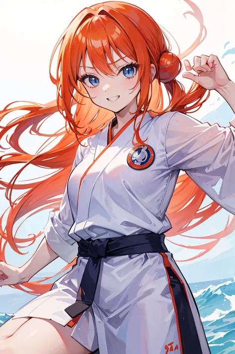 Orange hair, blue eyes, long hair, young girl, toothy smile, karate uniform, Karategi, japanede traditional place background, karate style, punching