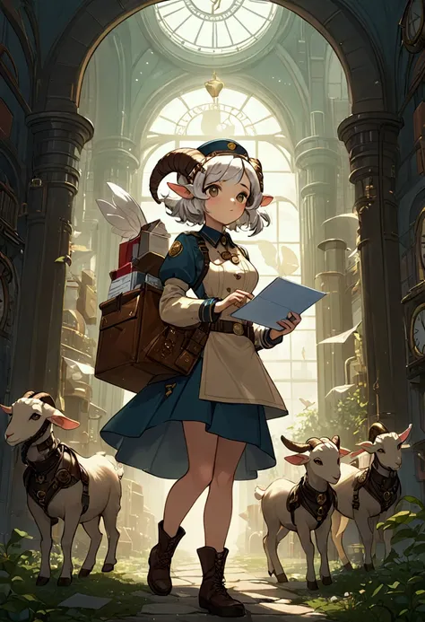 A cute goat girl who delivers mail, youre not allowed to eat the letters, shes wearing a postal workers uniform that combines clockpunk, dieselpunk and steampunk, This is cute fantasy art that looks like a fairy tale picture book, ultra detailed, absolutel...