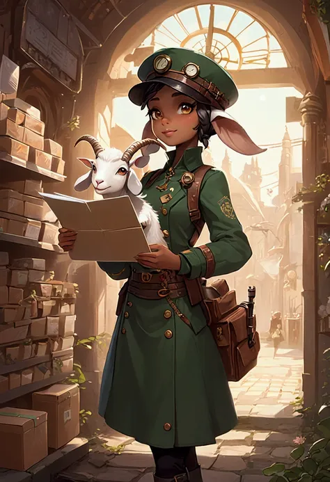 A cute goat girl who delivers mail, youre not allowed to eat the letters, shes wearing a postal workers uniform that combines clockpunk, dieselpunk and steampunk, This is cute fantasy art that looks like a fairy tale picture book, ultra detailed, absolutel...