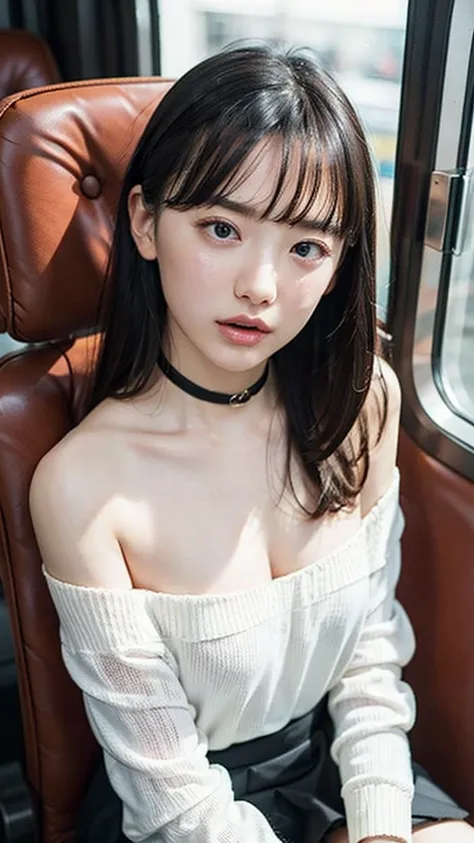    real with clear veins Nice skin texture  、Sleeping on the bus、(Staring with moist eyes、 open your mouth slightly)、(( miniskirt))、 choker、 off shoulder sweaters、 sexy thighs、Some of her red panties are visible、 sitting with legs open 、Sigh,   view from b...