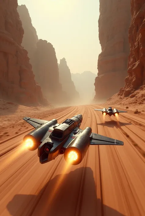  THE CAMERA TRAVELS QUICKLY THROUGH THE MIDDLE OF AN INTRICATE CANYON OF AN ARID ALIEN PLANET, LIFELESS AT GROUND LEVEL , MILES OF SUPERSONIC TRAVEL AT VERY HIGH SPEED . THEY STAR IN TWO VERY POWERFUL FUTURISTIC FIGHTER TYPE GRAND PRIX RACING SPACESHIPS FL...