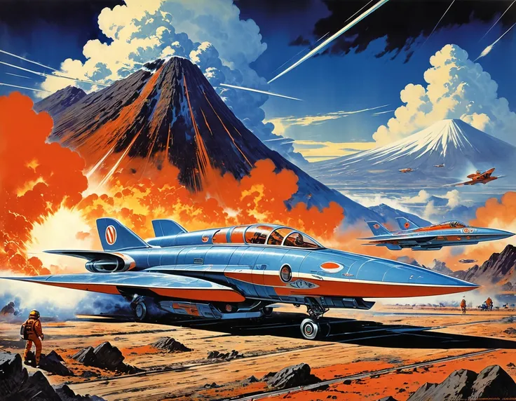 Volcanic eruption background, Science fiction illustrations, Retro-future art. Sci-fi illustrations by Shigeru Komatsuzaki, Impressive retro-future fighter, Package art, like Thunderbirds, Picture story, Shigeru Komatsuzaki art