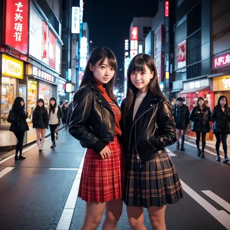 Two young beautiful female friends in skirts and jackets, posing in Tokyo street at night.