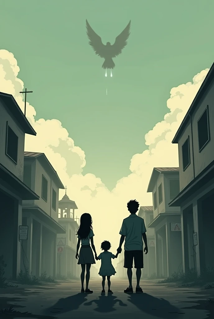  Final reflection of the town : 
The empty town ,  the family looking to the sky, Thoughtful and sad because the old man with wings flying to the sky left