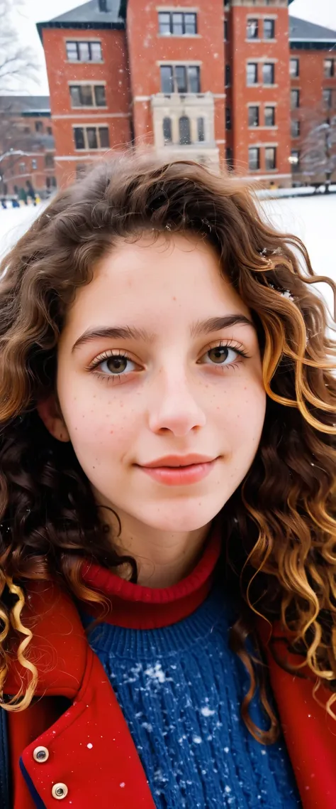 (indistinguishable from reality:1.4), 1girl, selfie, An half portrait of a beautiful 25 y.o New York Italian college student, (detailed facial features), (freckles:0.2), (acne:0.1), long thick luxurious curly hair, beautiful Jewish nose, shy smile, walking...