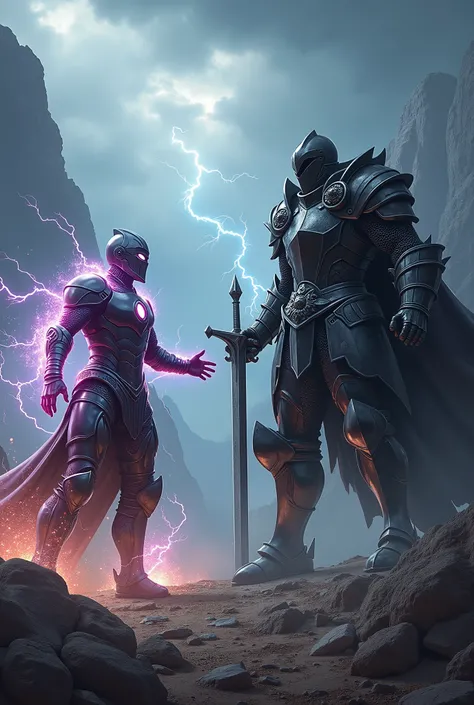 Ironspeed (Iron flash )  fights a Black Knight . The Black Knight is heavily armored and has a sword in his hand.  The scene looks epic .  high resolution , Exactly, 