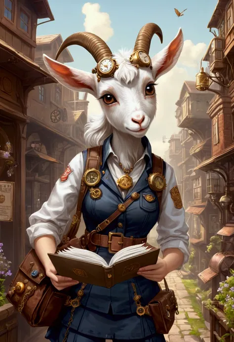 A cute goat girl who delivers mail, youre not allowed to eat the letters, shes wearing a postal workers uniform that combines clockpunk, dieselpunk and steampunk, This is cute fantasy art that looks like a fairy tale picture book, ultra detailed, absolutel...